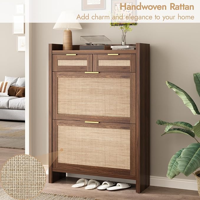 HOKYHOKY Rattan Shoe Storage Cabinet with 2 Drawers & 2 Flip Drawers | Hidden Slim Shoe Organizer, Farmhouse Boho Narrow Shoe Rack, Large Tabletop Space, Entryway, Walnut