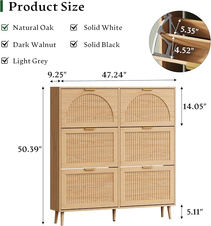 Xixini Shoe Storage Cabinet with 6 Flip Drawers, 50" Tall Narrow Wood Fluted Shoe Organizer for Entryway, Freestanding Wooden Hidden Slim Shoe Rack for Front Door Entrance, Hallway, Foyer, Natural Oak
