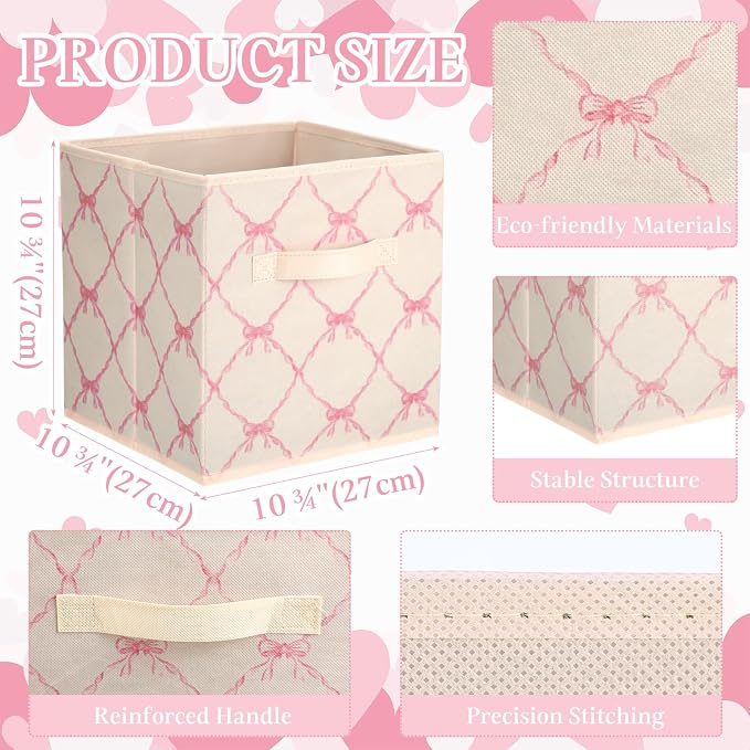 6 Pcs Beige Bow Cube Storage Bins 11 Inch Storage Basket with Handle, Preppy Girls Organizer Basket, Collapsible Fabric Box for Classroom Bedrooms Office Home Decoration Gift