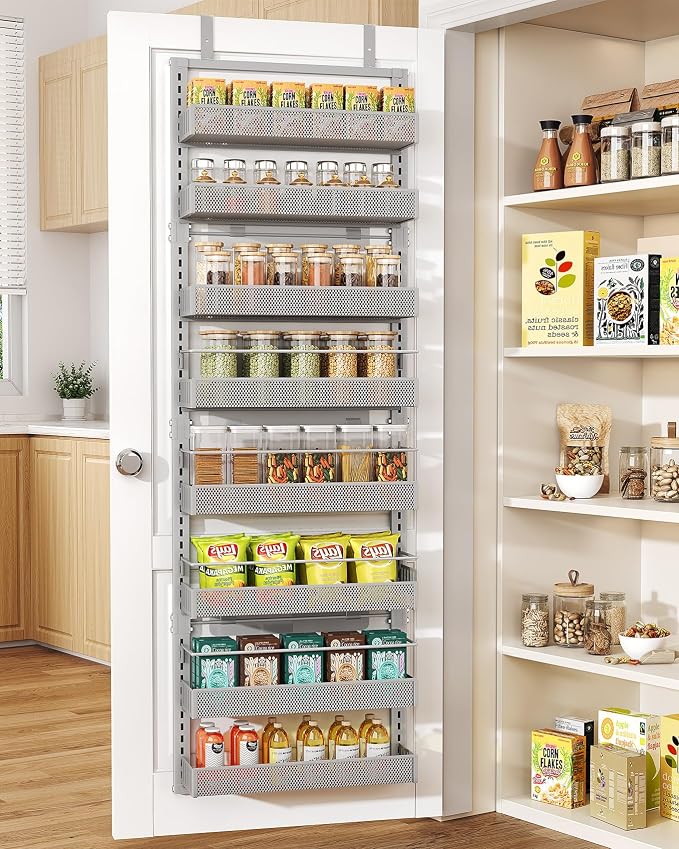 SNTD 8 Tiers Over the Door Organizer - Height Adjustable Pantry Organizers and Storage with Dense Mesh Baskets, Anti-Swing Hanging Door Spice Rack for Kitchen Bathroom (Grey, 17" W x 6" D x 69" H)