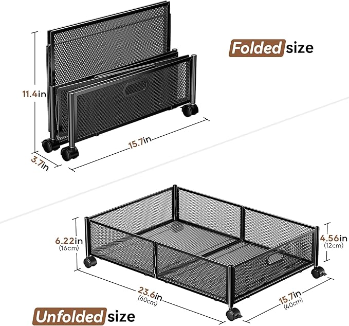 PHINOX Under Bed Storage with Wheels & Handle,Sturdy Metal,2 Pack,Black | Tool-free assembly, glide smoothly, easy reach, foldable, maxmazie low-profile beds, dorm, keep seasonal clothes, shoes fresh