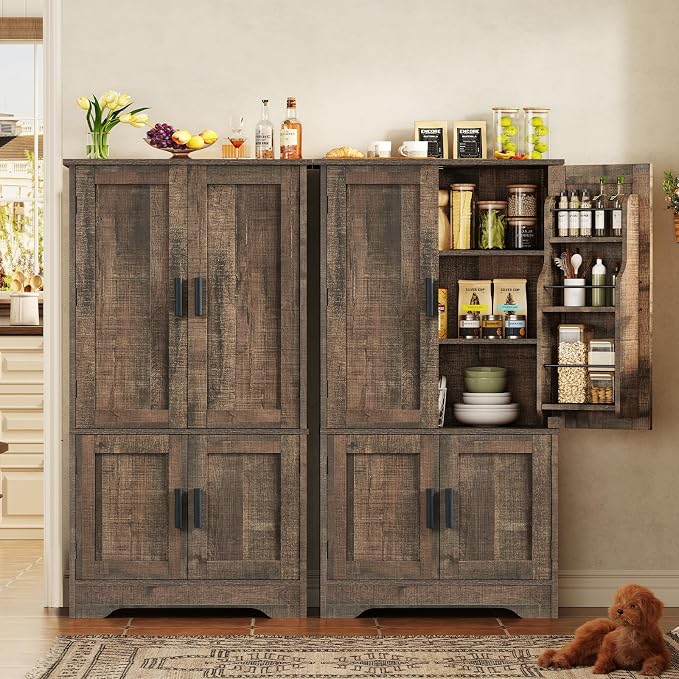 Storage Cabinet with 4 Doors, 43.3" H Farmhouse Kitchen Cabinet with 6 Door Shelves, Kitchen Storage Cabinets with Adjustable Shelves, for Living Room, Antique Oak