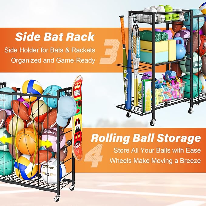 Ball Storage with Elastic Rope for Sports and Outdoors, Garage Organization with Wheels for Sports Gear and Toys, Large-Capacity Sports Equipment Organizer with Baseball Bat Holder and Basketball Rack