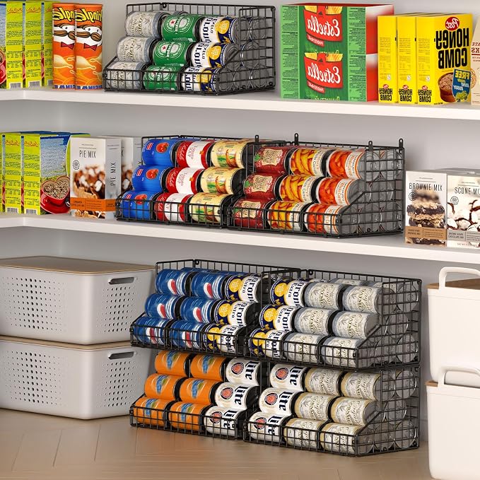 4 Pack Stackable Can Rack Organizer for Pantry Storage,Can Dispensers with 4 Adjustable Dividers, 2-Tier Metal Wire Basket Holds up to 84 Cans for Kitchen Cabinet Pantry, Black