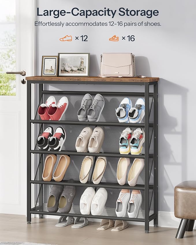CHOEZON Shoe Rack, 5-Tier Slanted Shoe Storage Shelf, Narrow Shoe Rack for Entryway, Shoe Organizer with Adjustable Feet, Slim Shoe Shelf with Wooden Top and Metal Frame Rustic Brown and Black TXJ02BF
