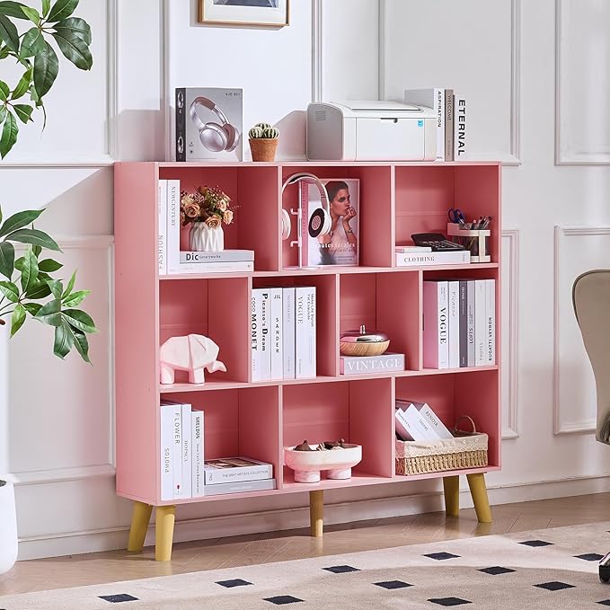 LEYAOYAO 10 Cube Bookshelf,Mid-Century Modern Bookcase with Legs,Light Pink | 3 Tier Book Shelf,Rustic Wood Bookshelves Freestanding Large Storage Organizer, Open Shelves for Bedroom, Living Room, Office