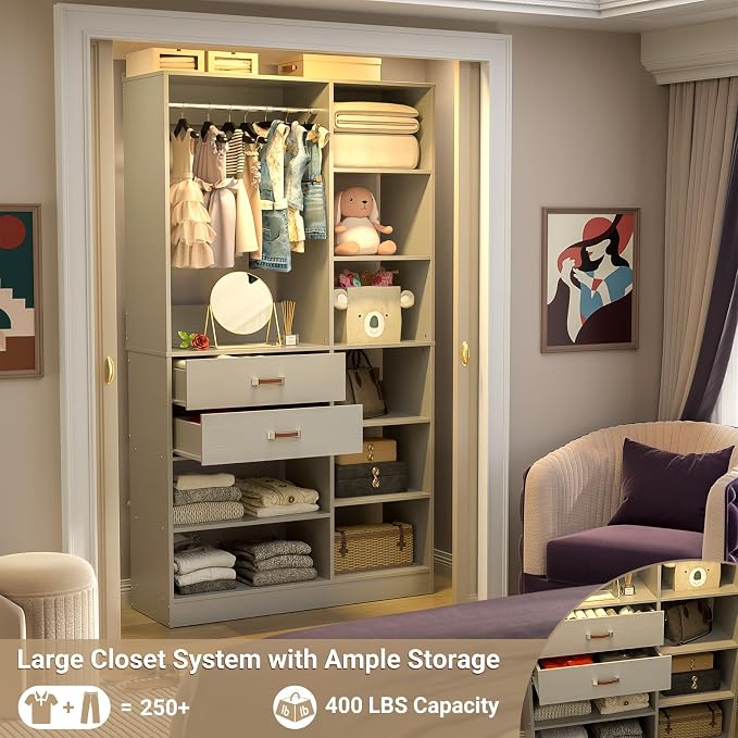 Freestanding Closet System, 40 Inches Stand-Alone Wardrobe with 10 Shelves, 80'' Height Adjustable Cloth Garment Rack with 2 Wood Drawers, Wood Walk-in Closet with Hanging Rod, Grey
