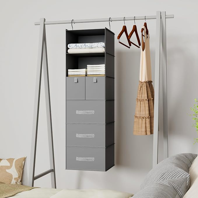 6-Shelf Hanging Closet Organizer with 5 Drawers, Non-Woven Storage, Gray | Spacious compartments sort clothes & undergarments; foldable drawers add hidden storage for closets, wardrobes or RVs.
