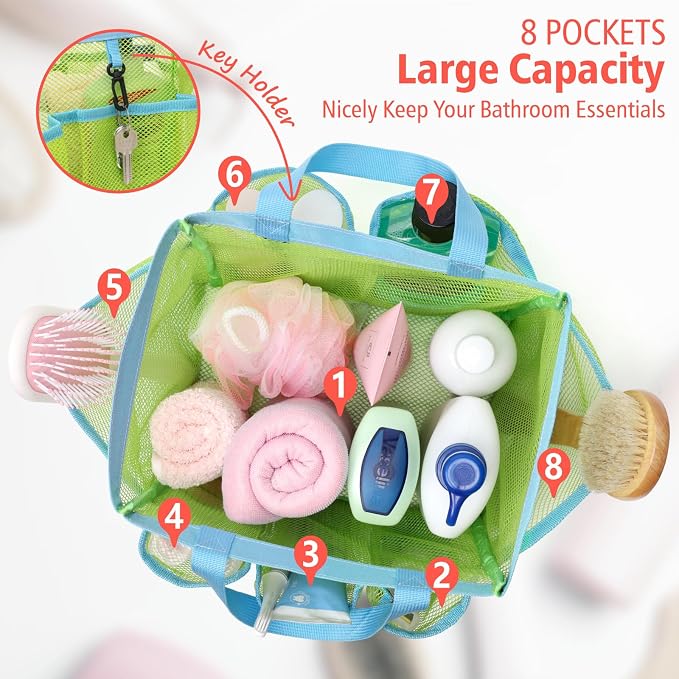 Mesh Shower Caddy Portable - 8 Pockets, S-Hook, Shower Bag for Dorm Camping | 2-Handle, Quick-Dry, Toiletry Organizer, College Dorm Room Essentials for Girls, Gym, Travel & Bathroom, Fluorescent Green