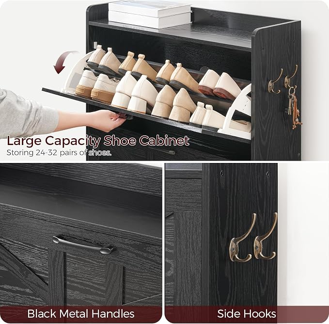 MAHANCRIS Shoe Storage Cabinet, Shoe Organizer with 2 Flip Drawers, Hidden Shoe Storage for Entryway, Freestanding Shoe Cabinet Organizer with Open Storages, Black SHHB9401