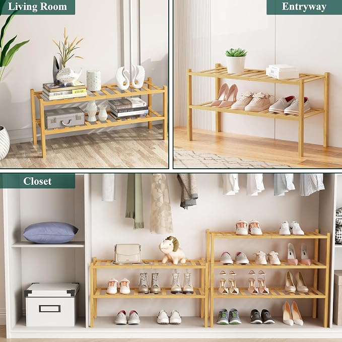 Smiry Bamboo Shoe Rack, 12 Vertical Slats, 6 Tier - 26.8" Wide, Natural | Stackable Free Standing Wooden Shoe Organizer, Wood Shoe Storage Shelf for Closet, Entryway