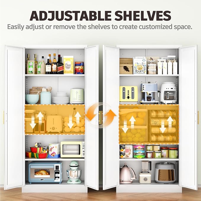 71”Tall Kitchen Pantry Cabinet, Metal Storage Cabinet with Doors and Shelves (White)