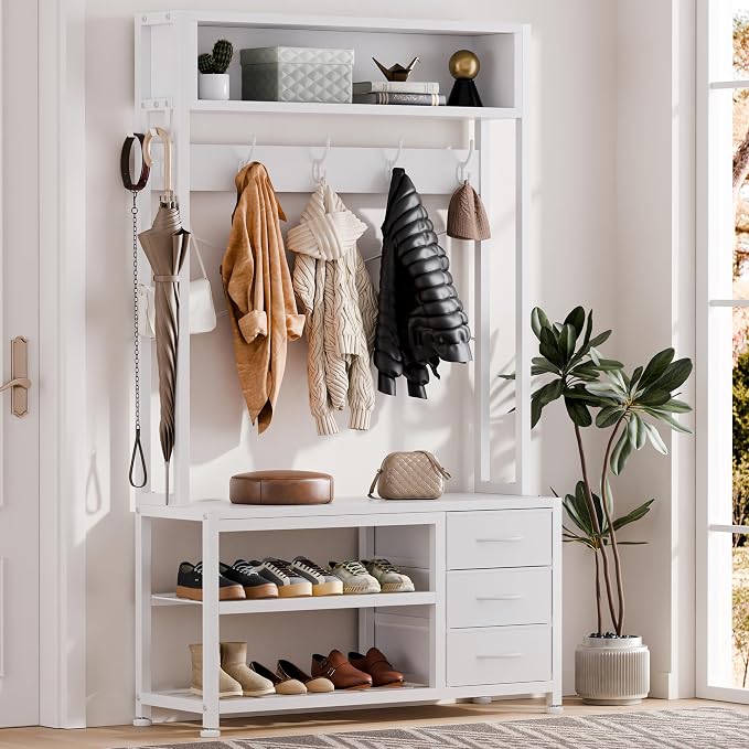 Hall Tree with Bench and 3 Drawers Storage, 31.5" Coat Rack Freestanding | White, 6-in-1, Top Cubby, 12 Coat Hooks, Adjustable Shoe Rack, Sturdy Metal Frame, Entryway Organizer