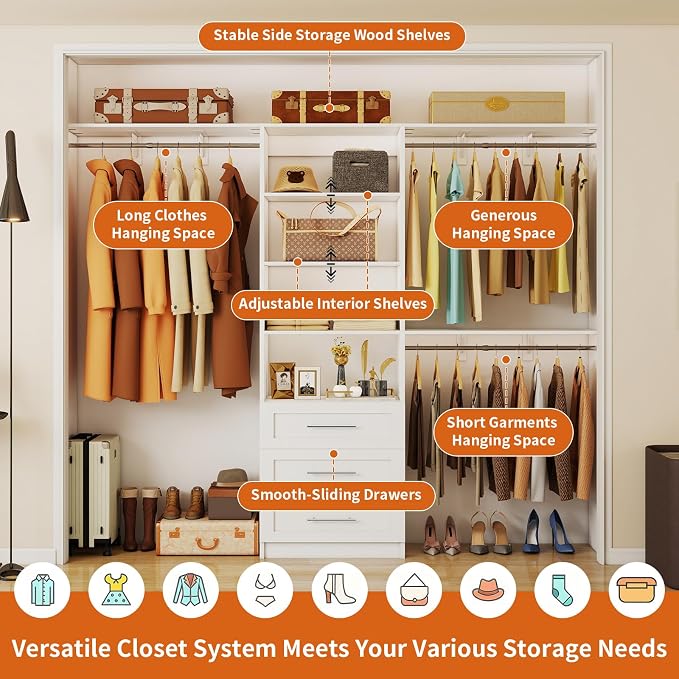 Closet System with Drawers, 5-7.61FT Closet Organizer System with Cuttable Shelves & 3 Expandable Hanging Rods, 96” Walk in Closet Organizer Storage System, Modular Closet Systems Adjustable, White