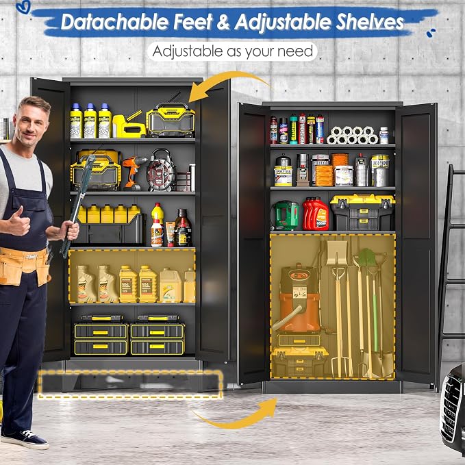 GAIOUS 71" Tall Metal Storage Cabinet with 2 Doors and 4 Adjustable Shelves, Kitchen Pantry Cabinet Black Freestanding Cupboard, 5 Tier Multifunctional Steel Storage for Office, Kitchen, Dining Room