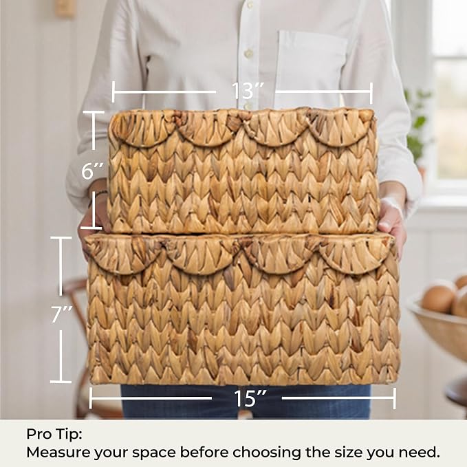 StorageWorks Wicker Basket with Scalloped Edge Lid, Handwoven Water Hyacinth Baskets for Bedroom, Living Room, 13" L x 9 ½" W x 6" H | Rattan Storage Baskets With Scalloped Edge, Basket With Lid Decorative Storage, Woven Wicker Basket For Living Room, ...