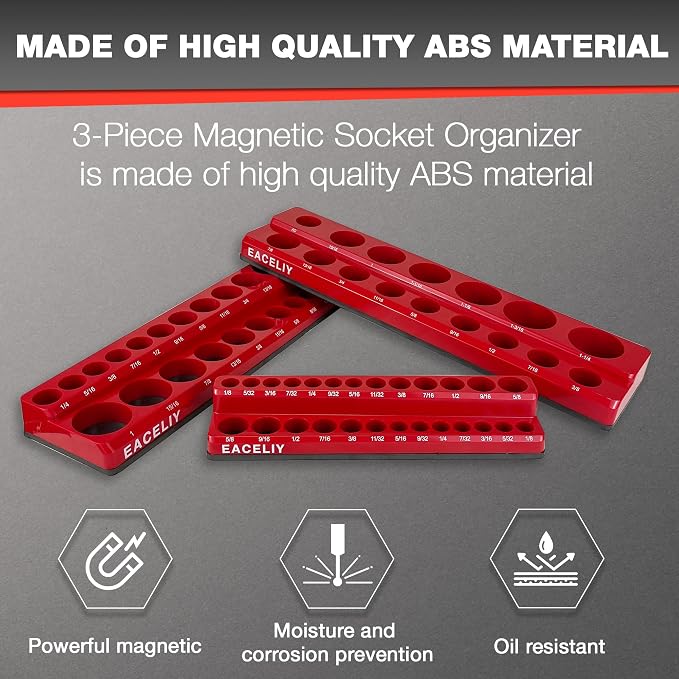 EACELIY Magnetic Socket Organizer Set,SAE Socket Holder Kit, Socket Trays，holds 68 Deep and Shallow 3/8" Sockets(sockets not included) 丨3PC 1/2",1/4" and 3/8"（Red）