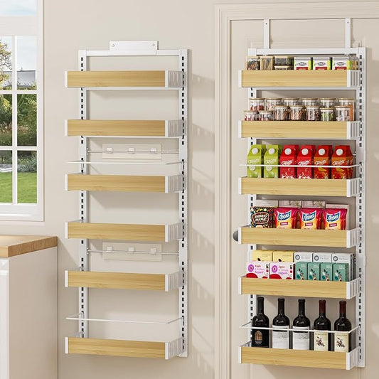 POKIPO 6 Tier Over The Door Pantry Organizer, 2-in-1 Door Hanging or Wall Mounted Spice Rack, Large Heavy Duty Pantry Door Storage Seasoning Shelves with Adjustable Basket for Kitchen Bathroom Closet
