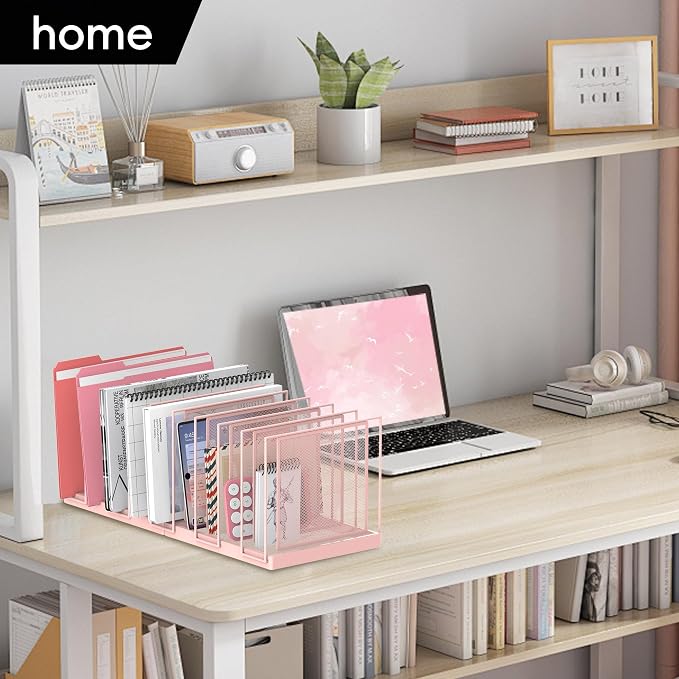 9-Section Desk File Organizer, Vertical File Holder, Mesh Desktop File Folder Metal File Organizer Stand for Office Home Classroom, Pink