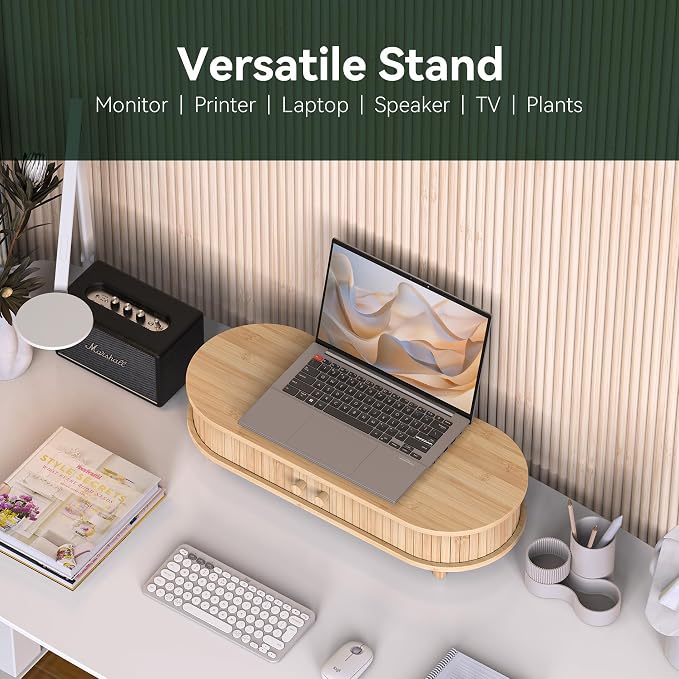 Bamboo Monitor Stand with Storage, 25 Inch Desk Shelf Riser | Curved Computer Laptop Stand Desk Shelf Organizer with Sliding Doors for 47-55 Inch Desk
