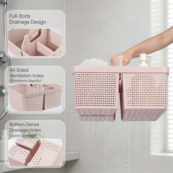 UUJOLY Portable Plastic Shower Caddy Basket with Wooden Handle, Pink | Divided Storage Organizer Tote for Bathroom, Dorm, College, Kitchen & RV – Lightweight, Easy-Carry Essentials Caddy