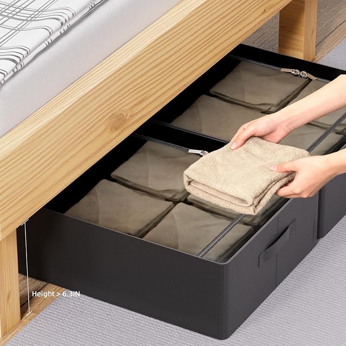CYhom 3Pcs Under Bed Storage Bins with Metal Frame - Shoe Organizer for Closet with Clear Cover Oxford Fabric Sturdy Underbed Container Foldable Stackable Clothes Organizer (Black, 23.5x15.7x6.3)