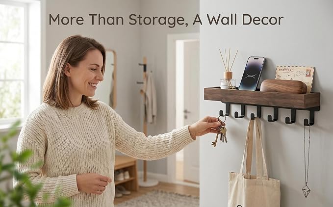 Wall Mount Key Holder with Shelf - Decorative Mail Organizer and Key Hooks for Entryway, Paulownia Wood with Mounting Hardware (9.64”W x 2.36”H x 2.75”L)