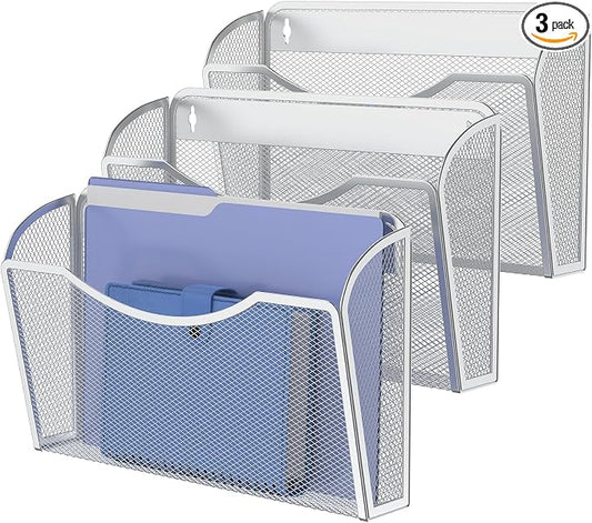 MINDEPOT Wall File Organizer, Hanging Wall File Holder, 3 Pack, Silver | Heavy Duty Iron, Metal Mesh Wall Mount, Single Pocket, Mail Organizer, for Office School Classroom Home, Letter A4 Size