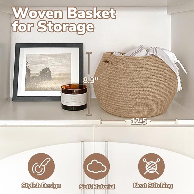 Goodpick Round Small Wicker Storage Basket for Shelves, 10" x 8.3", Jute | Woven Baby Basket with Handles， Decorative Gift Basket, Fits Living Room Nursery Toys & Towels Storage, Plant Baskets Indoor