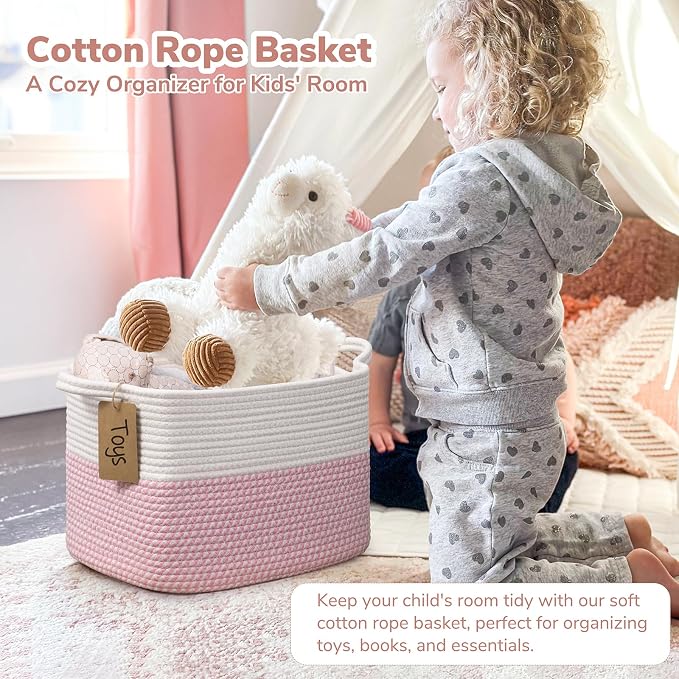 Goodpick Small Woven Storage Baskets for Organizing, Pink & White | 13 × 10 × 9 in, Reinforced Handles, Nursery, Bedroom & Shelf Organization, Toys, Books, Baby Essentials & Gift Giving