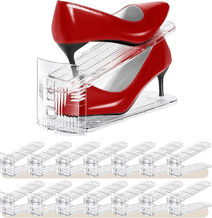 Shoe Slots Organizer 15 Pack - Shoe Stackers,3 Levels Adjustable,Space Savers 50%,Double Layer Holders for Closet (Transparent),Organizador de Zapatos