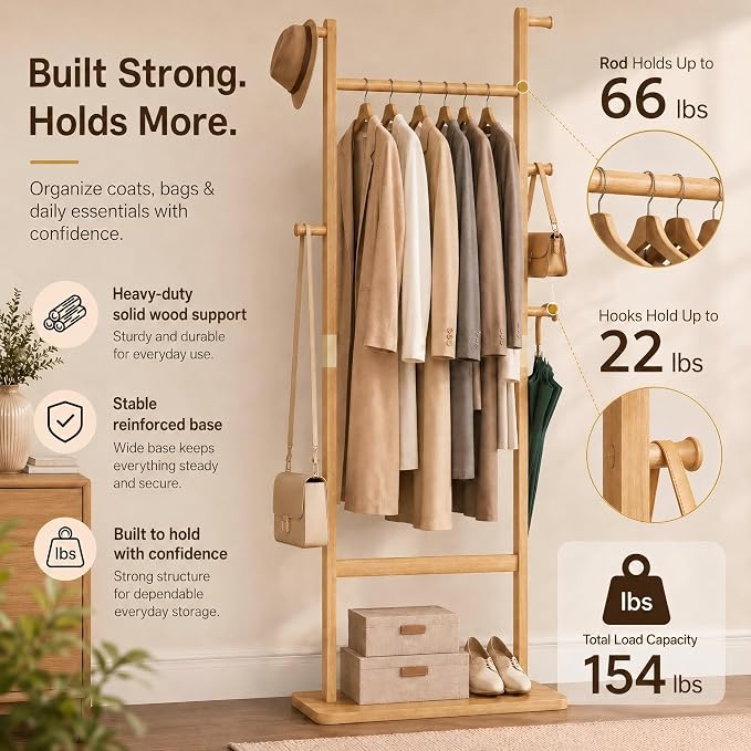 Solid Wood Coat Rack Freestanding, Clothing Rack with 5 Hooks & Bottom Shelf, Coat Rack Stand for Hanging Clothes, Wood Hall Tree Organizer for Entryway, Bedroom (Natural Wood 23.6"W x 70.8"H)