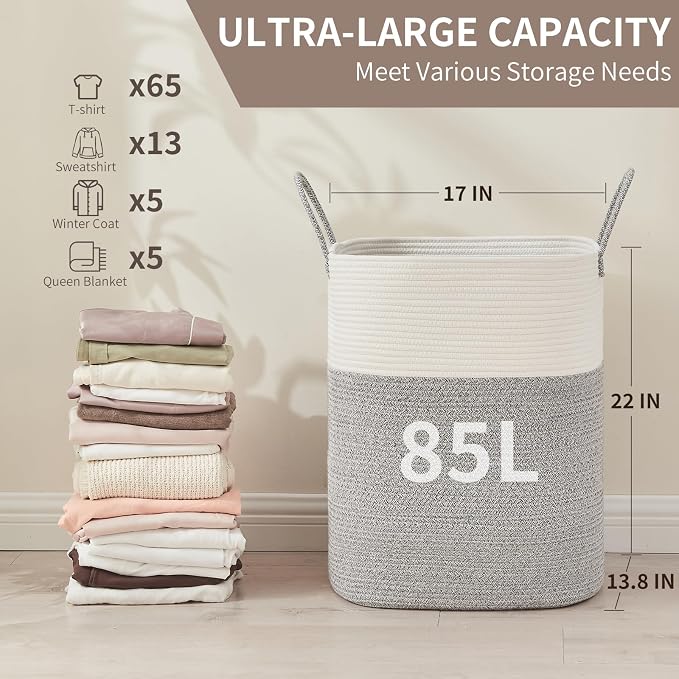 AINUOQI Laundry Basket with Handles - Blanket Basket & Hampers for Bedroom Aesthetic, Laundry Hamper & Blanket Storage for Living Room, Clothes Hamper, Tall,Large 21.7" x 16.9" x 11.8”, Light Grey