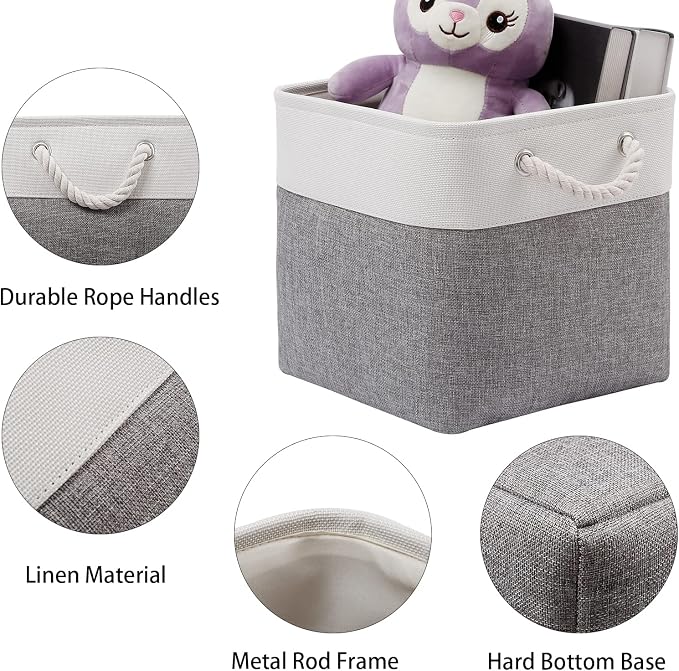 Cube Storage Bins, 6 Pack Collapsible Fabric Storage Cubes, 11 Inch Cube Organizer Bins with Handles (White/Gray)