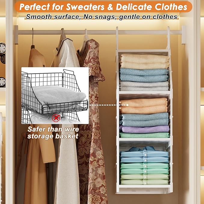 Honkazita 3-Tier Foldable Hanging Closet Organizer, White | Free-Standing Closet Hanging Organizer, For Wardrobe, Laundry Room, Plastic Hanging Closet Shelves, for Clothes, Handbags