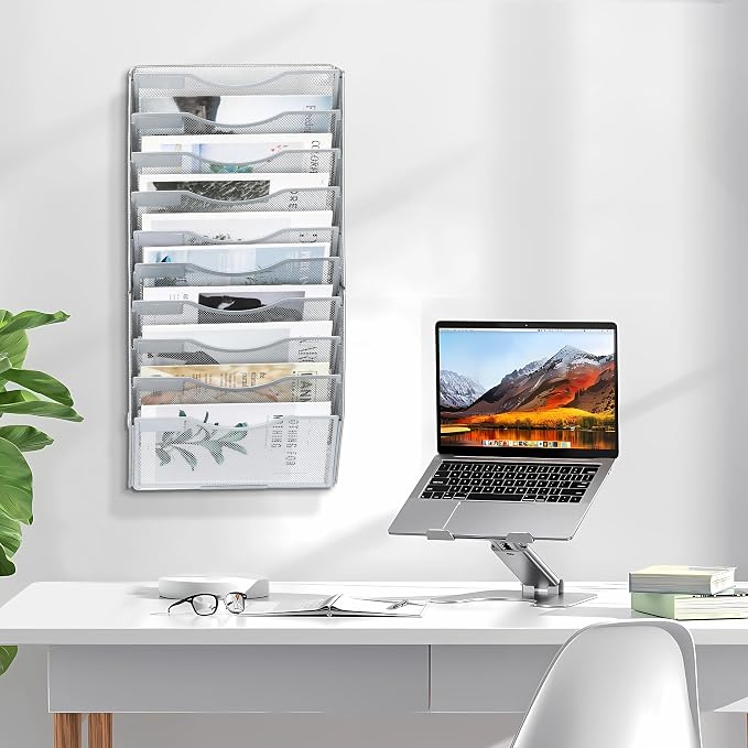 EasyPAG Wall File Organizer for Office 10 Pocket Mesh Wall Mounted Paper Organizer Hanging Folder Holder with Nametag Label for Home School, Silver