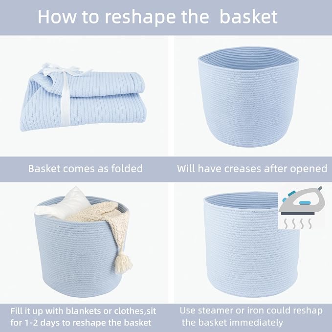 XUANGUO Cotton Rope Basket For Girls Boys Kids 16”X14 Blue | Baby Laundry Baskets, Blanket Basket, Nursery Bin; Round Woven Basket Organizer for Toy Storage, Blankets, Shoes and Clothes