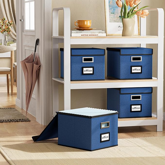 File Organizer Box with Lids, Collapsible File Folder Organizer | File Box with Plastic Slides for Document, Filing Bin for Letter Size Hanging File Folders (2 Pack, Royal Blue)