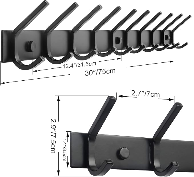 WEBI Coat Rack Wall Mounted,10 Hooks for Hanging Coats,30 Inch Hook Rack Hook Rail Coat Hanger Wall Mount for Backpack,Clothes,Jacket,Black