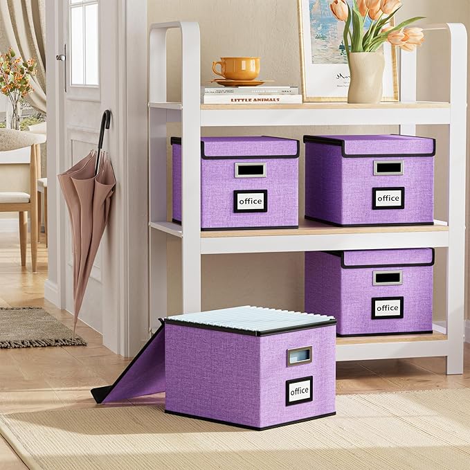 File Organizer Box with Lids, Collapsible File Folder Organizer | File Box with Plastic Slides for Office Document Storage, Filing Bin for Letter Size Hanging File Folders (1 Pack, Lavender)