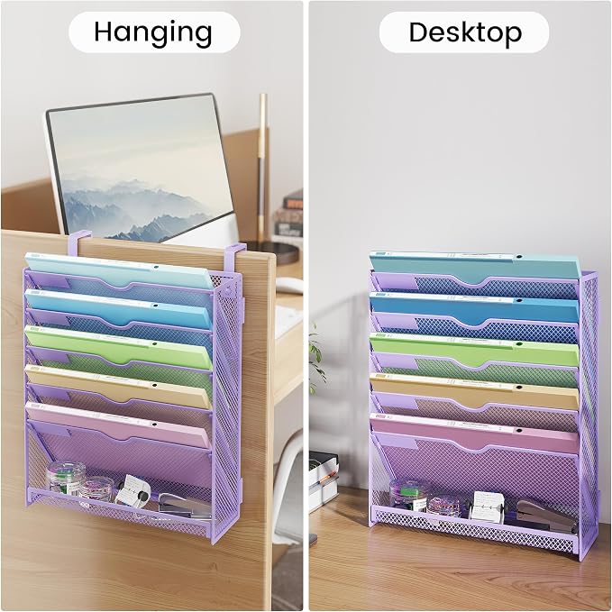 Hanging Wall File Organizer, Desk Organizer with Metal Mesh, 6-Tier | Foldable Document Organizer for Office Desk, Wall Mount Magazine Rack for Mail/Books/Tablet, Purple