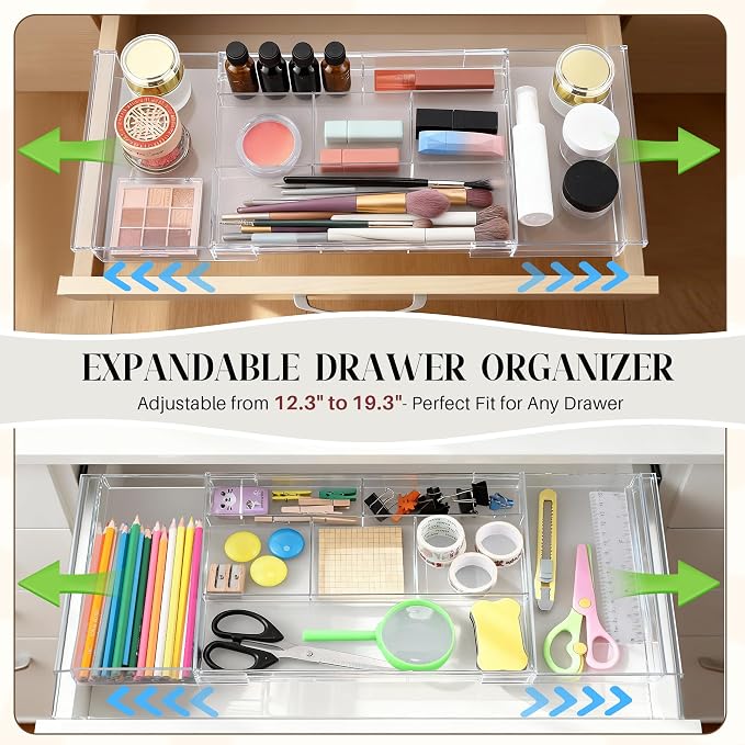 2pack Shallow Expandable Drawer Organizer, Adjustable 12.5”–20” Clear Plastic Drawer Organizer Tray for Vanity Bathroom Desk Kitchen Drawers, Multi Compartment Storage