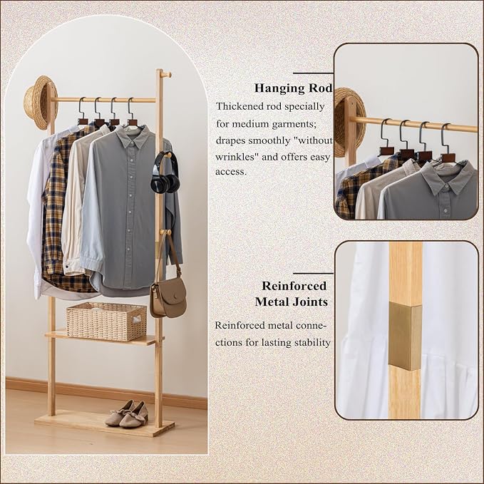 SOBIBO Wood Coat Rack Freestanding with Shelves & Hooks, 15.75inch, Natural | Solid Wood Frame, 3-in-1 Clothes Rack, Garment Rack with Storage for Bedroom, Hallway, Entryway, Office, Living Room