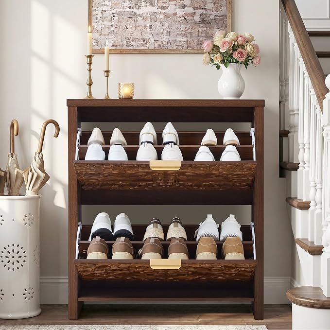 weselon Shoe Cabinet with Flip Drawers, Narrow Shoe Storage Cabinet, 2-Tier Hidden Shoe Organizer with Carved Floral for Entryway, Mid-Century Modern Slim Shoes Storage for Hallway Foyer (1, Walnut)