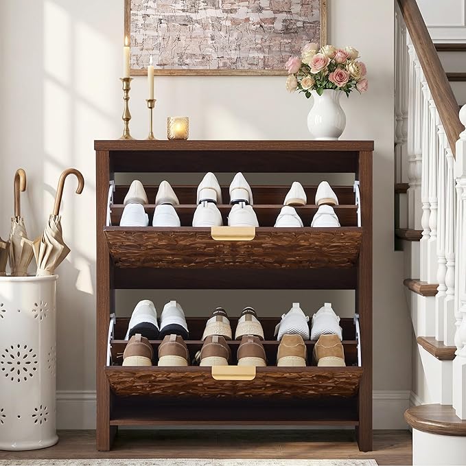 weselon Flip Drawer Shoe Cabinet Set of 2, Narrow Shoe Storage Cabinet, 2-Tier Hidden Shoe Organizer with Carved Floral for Entryway, Slim Shoes Storage for Hallway Foyer (2, Walnut)