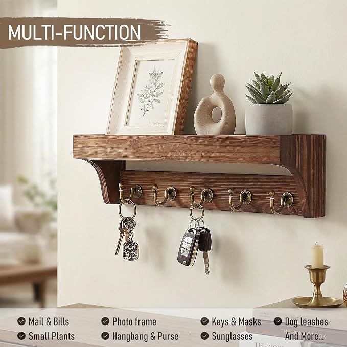 Rebee Vision Key Holder Wall Mount with Shelf for Home Office,Vintage Brown | Pine Wood, 5 Key Hooks for Hats, Farmhouse Organizer, Key Holder for Wall, Practical Storage for Daily Use