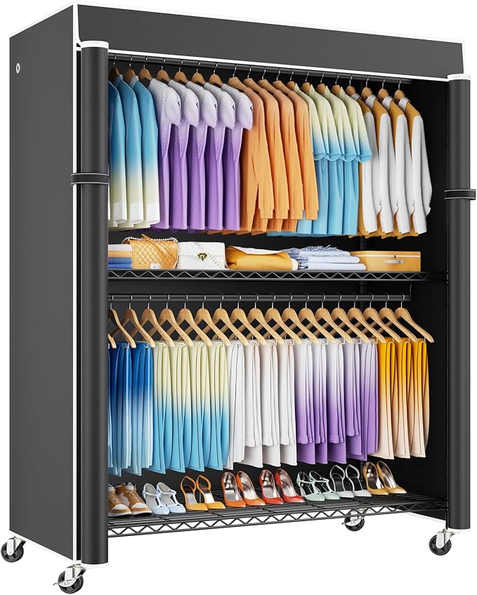 ULIFHOME P8C Max Heavy Duty Clothes Rack（With Extended Width Design） Rolling Clothing Racks for Hanging Clothes with Lockable Wheels，51.2"W x 15.8"D x 80.5"H，Load 800LBS，Black Rack with Black Cover