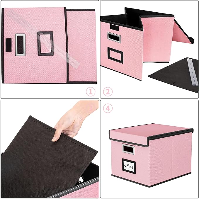File Organizer Box with Lids, Collapsible File Folder Organizer | File Box with Plastic Slides for Office Document Storage, Filing Bin for Letter Size Hanging File Folders (2 Pack, Pink)