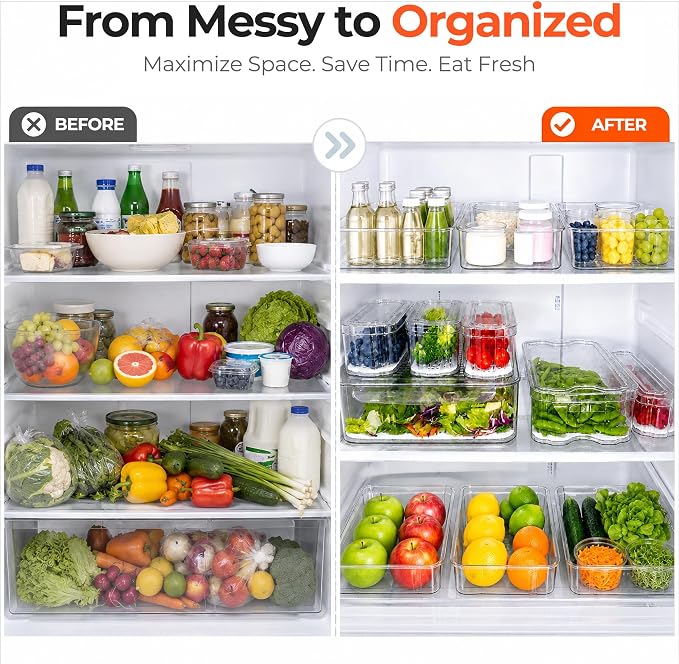 SMRCAD 8 Pack Clear Fridge Organizer Bins with Drain Trays - Stackable | BPA-Free PET, 8 Pack: 1 Drawer + 7 lidded Bins, Helps Keep Produce Fresh, 18.3L Capacity, Hand Wash Only