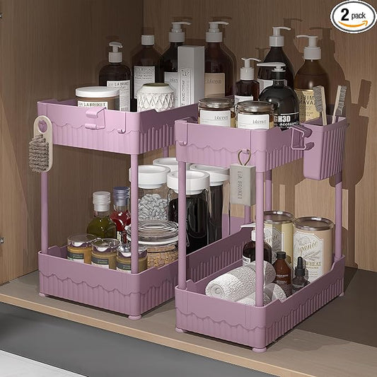 Sevenblue 2-Pack Under Sink Organizer with Hooks & Hanging Cup for Kitchen | Multi-use kitchen & bathroom storage, 14.8 inch pink cabinet organizer, with hooks and hanging cup for easy access.